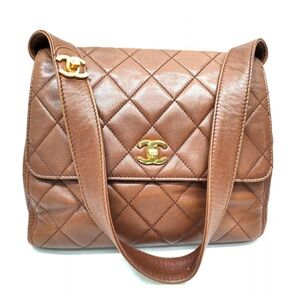 Authentic Chanel Shoulder Bag Matelasse Brown Lamb Skin
